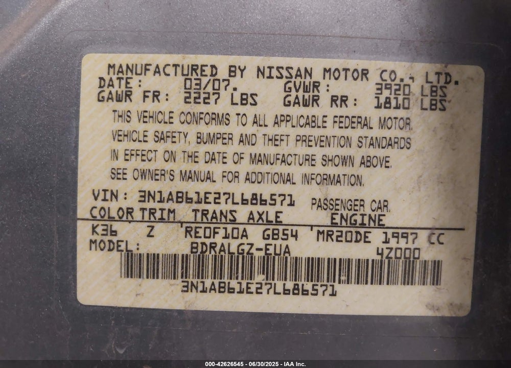 2007 NISSAN SENTRA 2.0SL VIN: 3N1AB61E27L686571