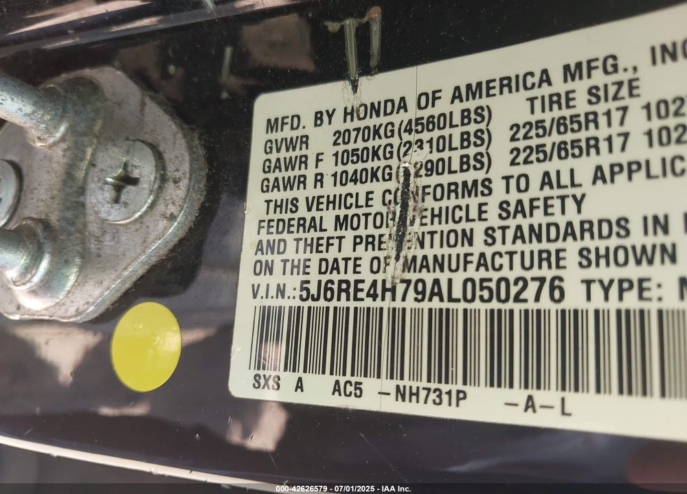 2010 HONDA CR-V EX-L VIN: 5J6RE4H79AL050276
