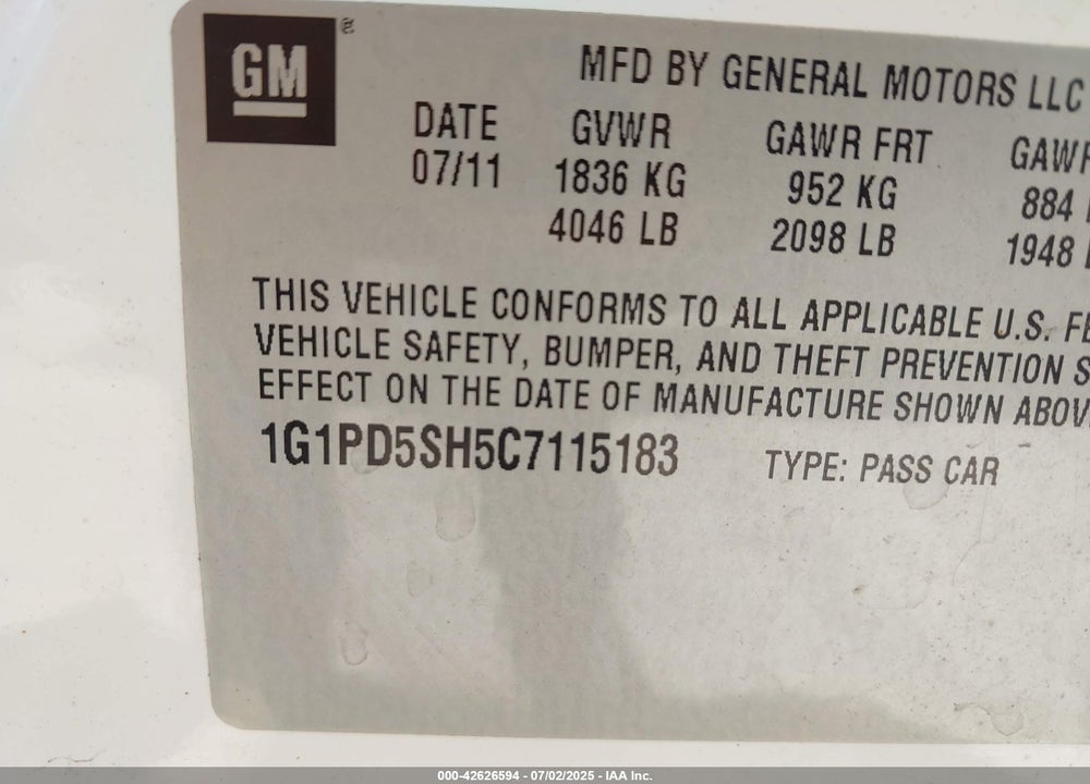 2012 CHEVROLET CRUZE VIN: 1G1PD5SH5C7115183