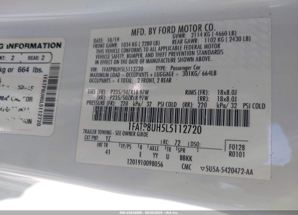 2020 FORD MUSTANG VIN: 1FATP8UH5L5112720