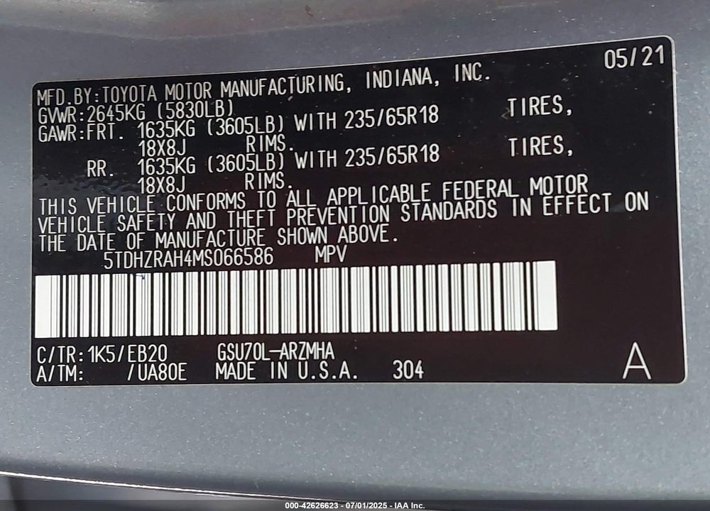 2021 TOYOTA HIGHLANDER VIN: 5TDHZRAH4MS066586