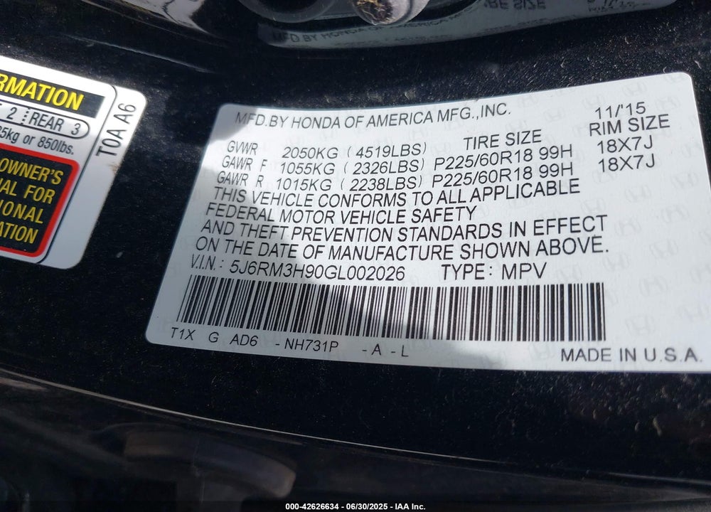 2016 HONDA CR-V TOURING VIN: 5J6RM3H90GL002026