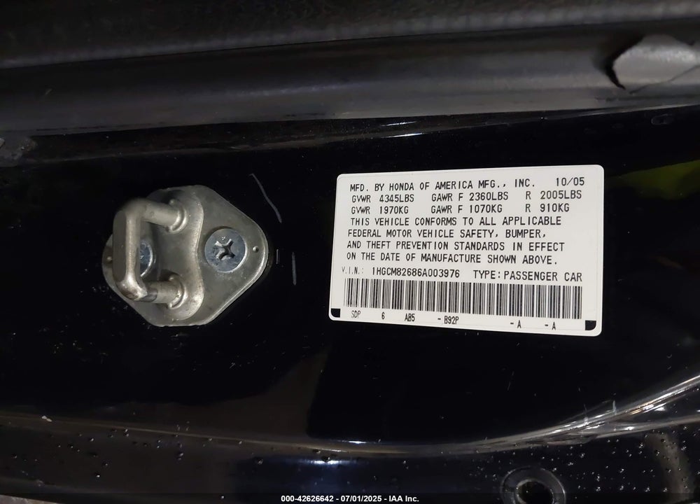 2006 HONDA ACCORD 3.0 EX VIN: 1HGCM82686A003976