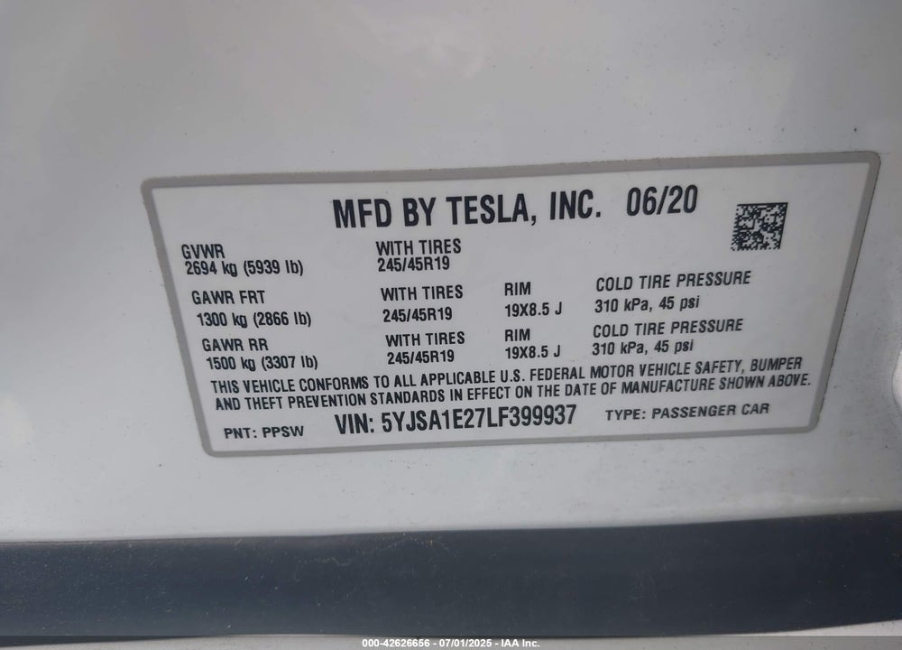 2020 TESLA MODEL S LONG RANGE DUAL MOTOR ALL-WHEEL DRIVE/LONG RANGE PLUS DUAL MOTOR ALL-WHEEL DRIVE VIN: 5YJSA1E27LF399937