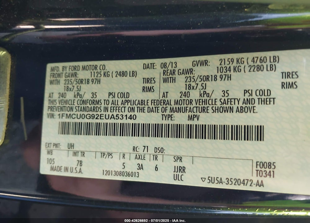2014 FORD ESCAPE SE VIN: 1FMCU0G92EUA53140