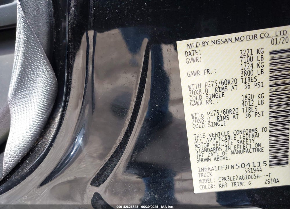 2020 NISSAN TITAN VIN: 1N6AA1EF3LN504115