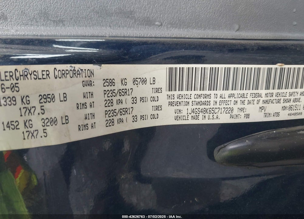 2005 JEEP GRAND CHEROKEE LAREDO VIN: 1J4GS48K65C717220