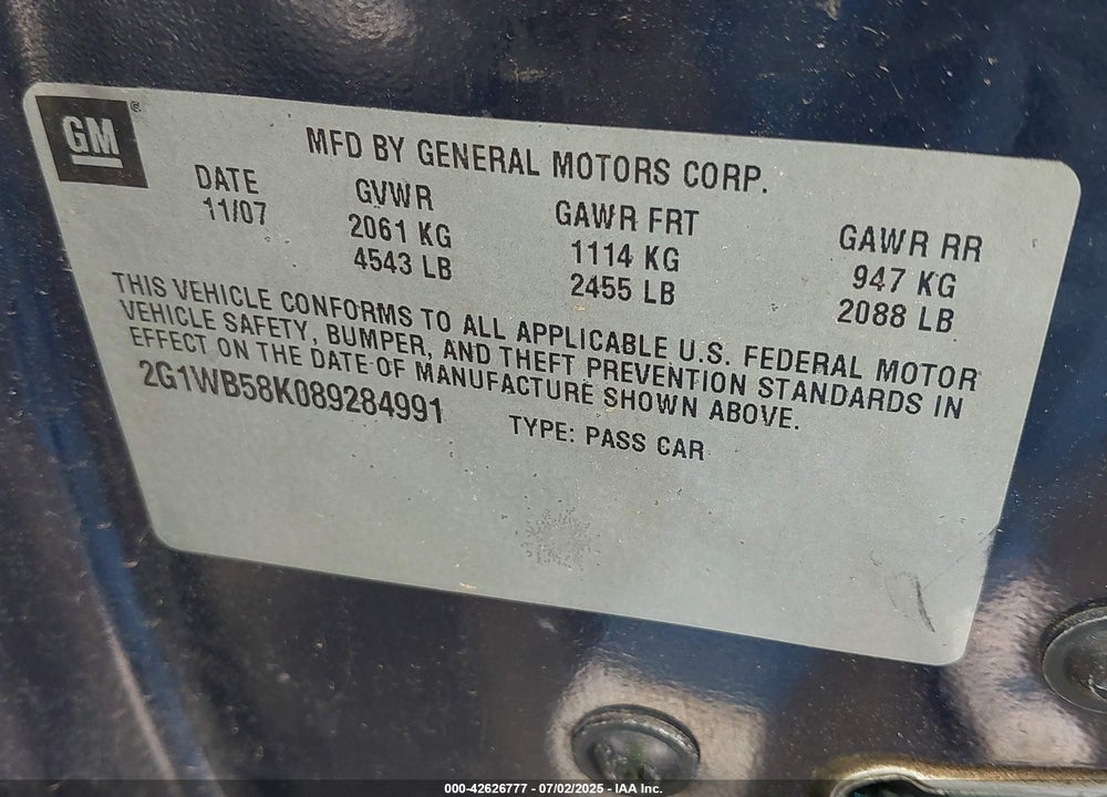 2008 CHEVROLET IMPALA VIN: 2G1WB58K089284991