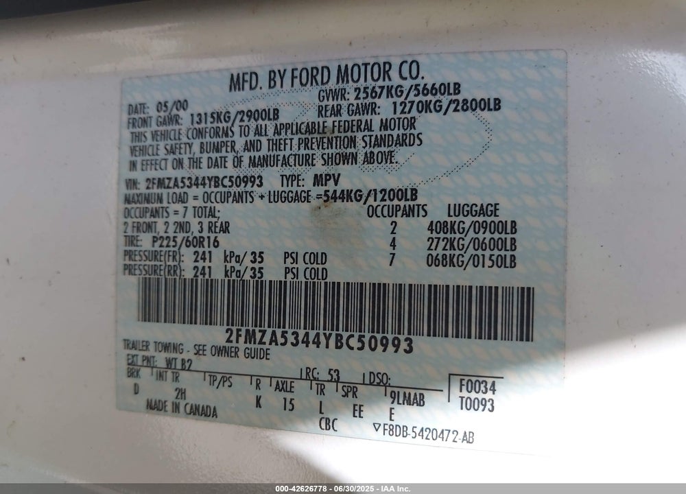 2000 FORD WINDSTAR LIMITED/SEL VIN: 2FMZA5344YBC50993