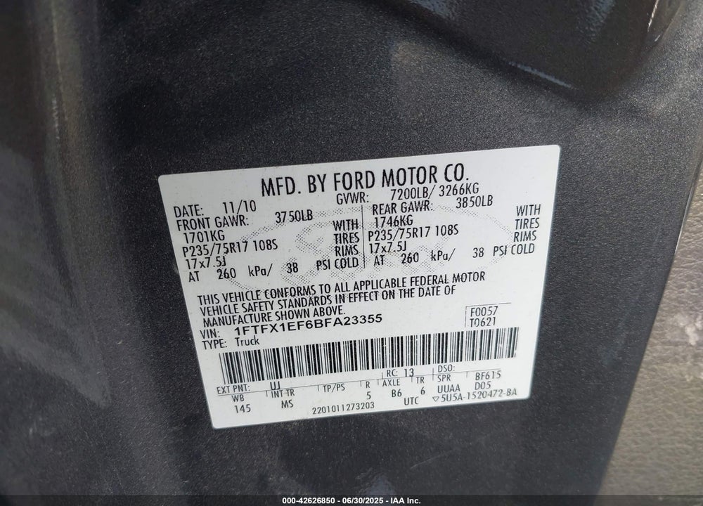 2011 FORD F-150 VIN: 1FTFX1EF6BFA23355