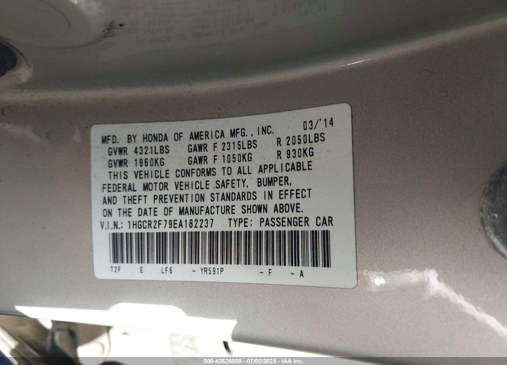 2014 HONDA ACCORD VIN: 1HGCR2F79EA182237
