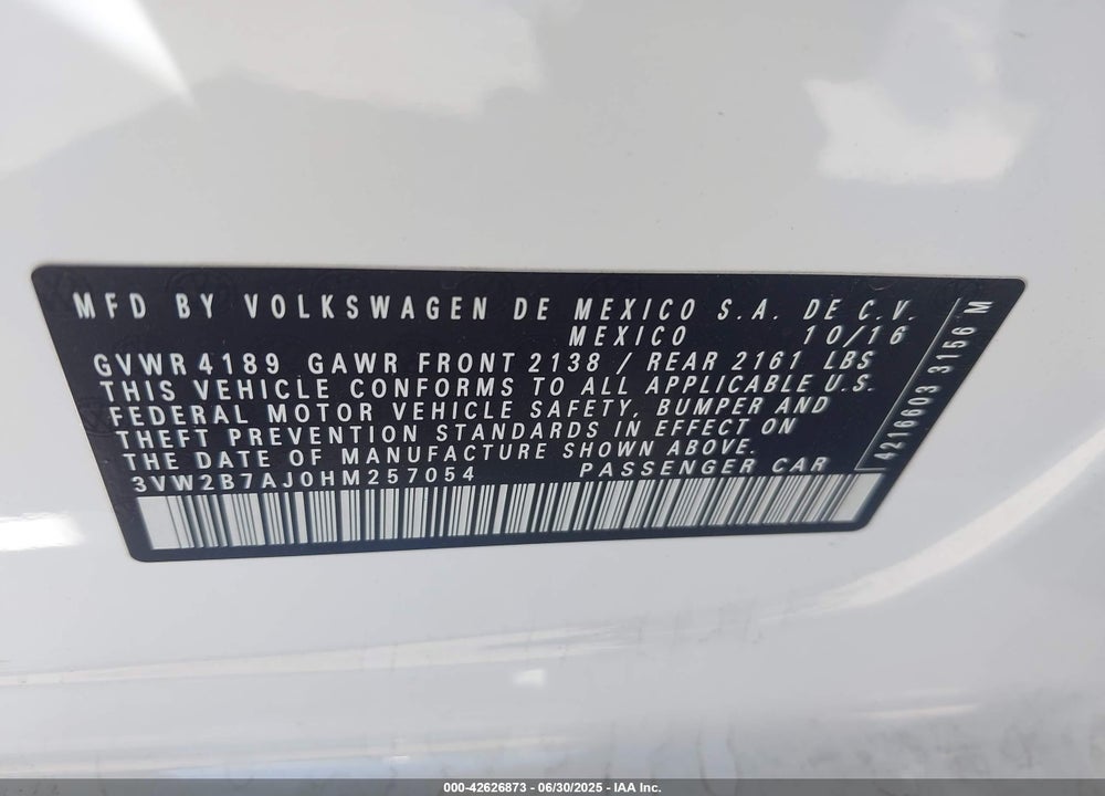 2017 VOLKSWAGEN JETTA VIN: 3VW2B7AJ0HM257054
