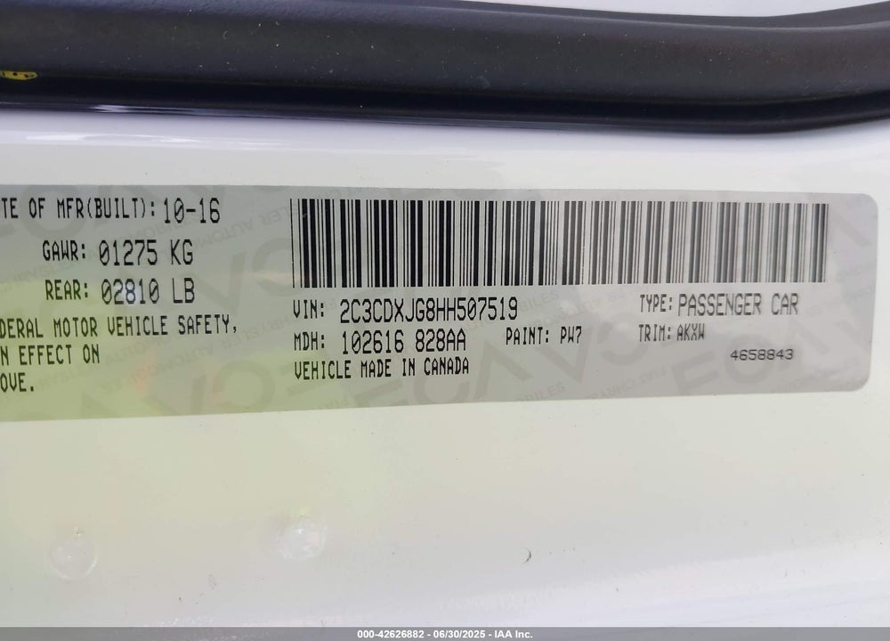 2017 DODGE CHARGER VIN: 2C3CDXJG8HH507519