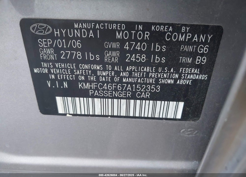 2007 HYUNDAI AZERA VIN: KMHFC46F67A152353