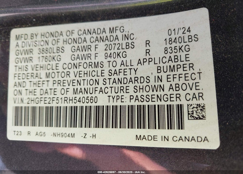 2024 HONDA CIVIC SPORT VIN: 2HGFE2F51RH540560