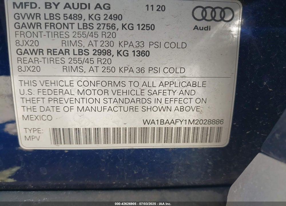2021 AUDI Q5 PREMIUM PLUS 45 TFSI QUATTRO S TRONIC VIN: WA1BAAFY1M2028886
