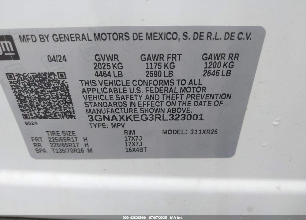 2024 CHEVROLET EQUINOX FWD LT VIN: 3GNAXKEG3RL323001