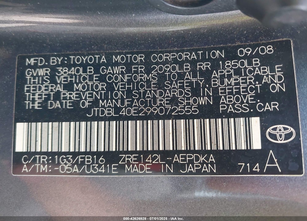 2009 TOYOTA COROLLA VIN: JTDBL40E299072555