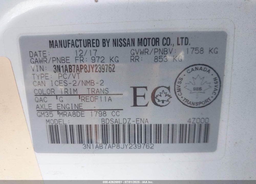 2018 NISSAN SENTRA VIN: 3N1AB7AP8JY239762