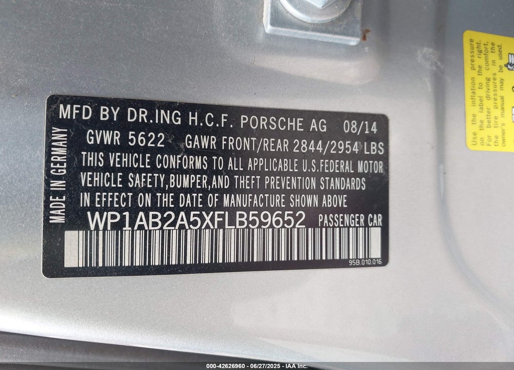 2015 PORSCHE MACAN VIN: WP1AB2A5XFLB59652