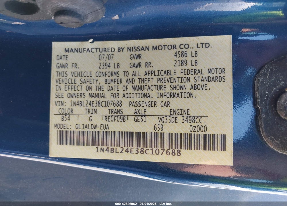2008 NISSAN ALTIMA 3.5 SE VIN: 1N4BL24E38C107688