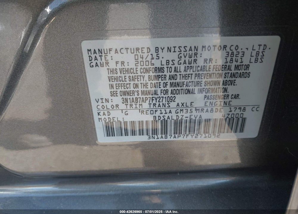 2015 NISSAN SENTRA VIN: 3N1AB7AP7FY271092