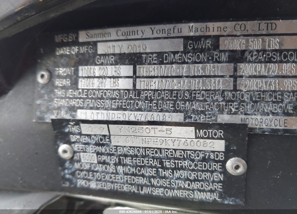 2019 YONGFU FALCON 250 VIN: LL0TDNPE9KY760082