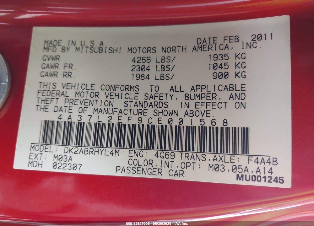 2012 MITSUBISHI ECLIPSE VIN: 4A37L2EF9CE001568