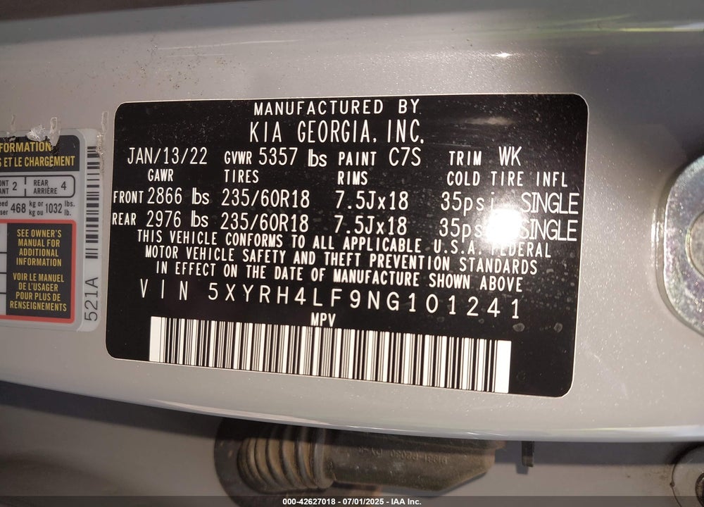 2022 KIA SORENTO VIN: 5XYRH4LF9NG101241