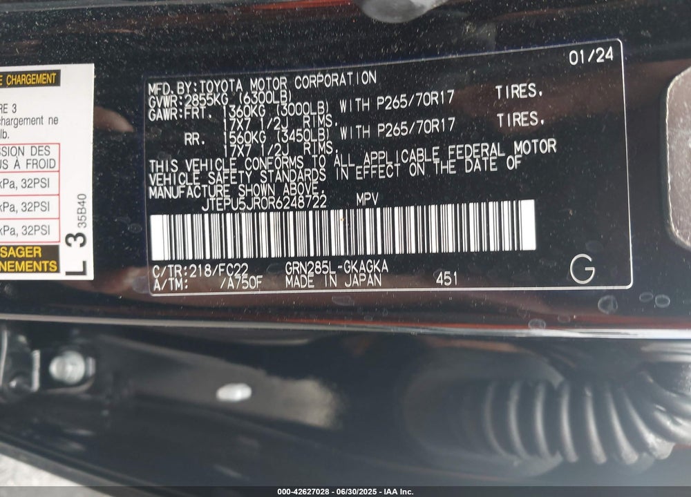 2024 TOYOTA 4RUNNER VIN: JTEPU5JR0R6248722