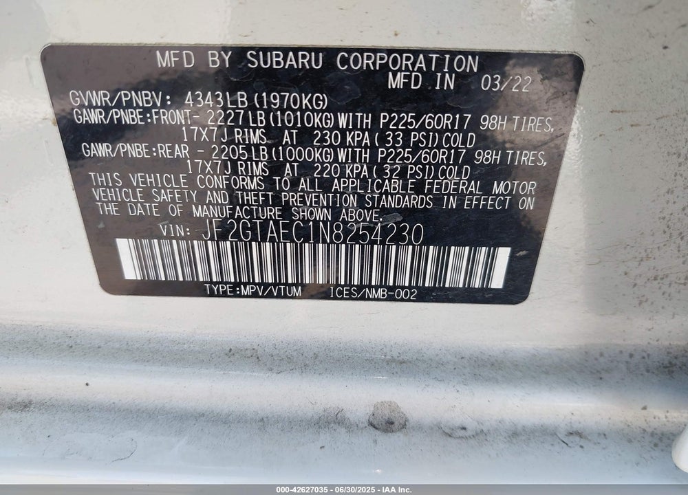 2022 SUBARU CROSSTREK VIN: JF2GTAEC1N8254230
