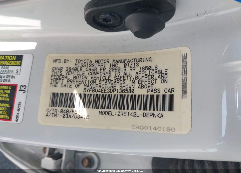 2013 TOYOTA COROLLA VIN: 5YFBU4EE3DP136580