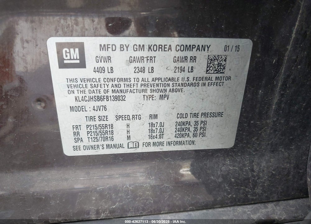 2015 BUICK ENCORE PREMIUM VIN: KL4CJHSB6FB139032