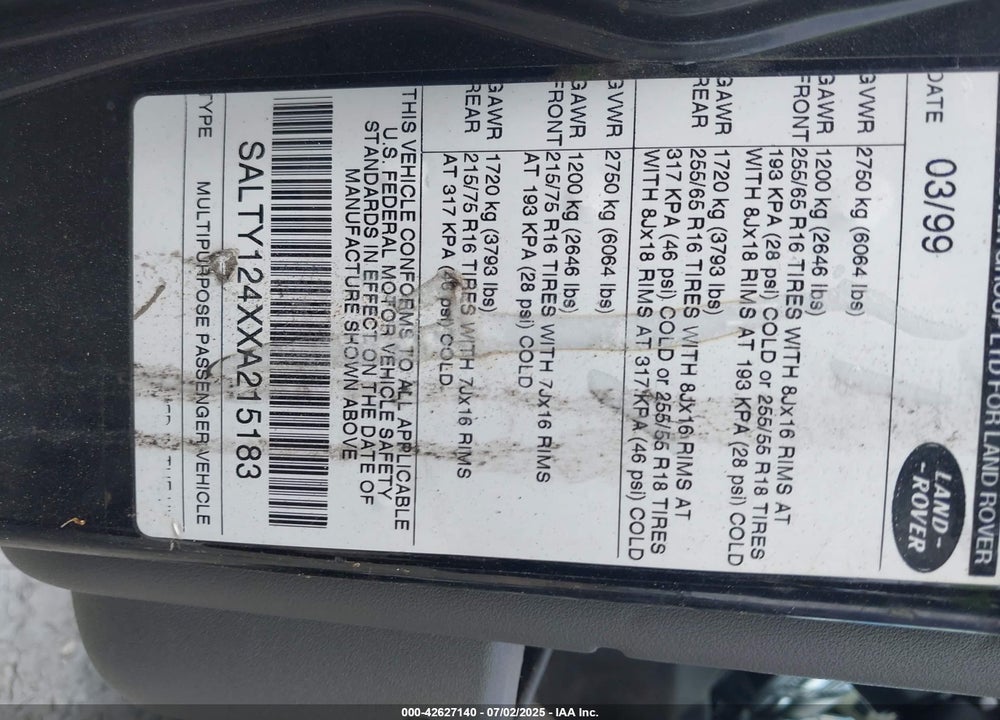 1999 LAND ROVER DISCOVERY SERIES II VIN: SALTY124XXA215183