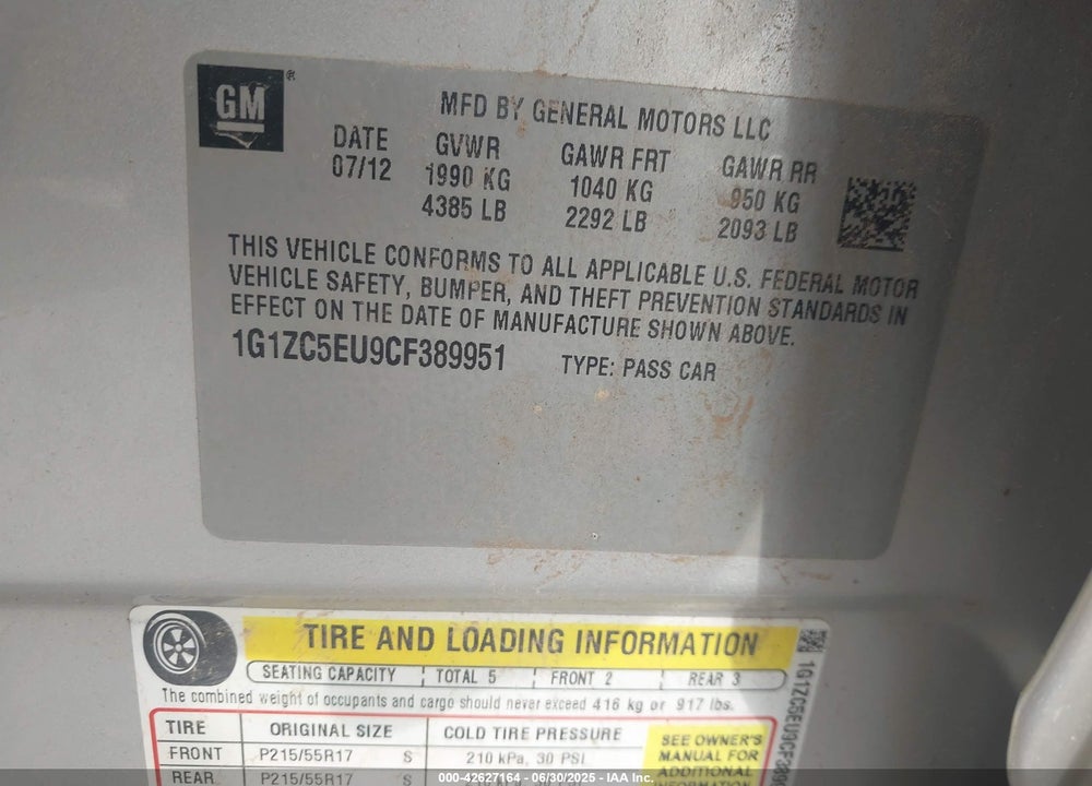 2012 CHEVROLET MALIBU VIN: 1G1ZC5EU9CF389951