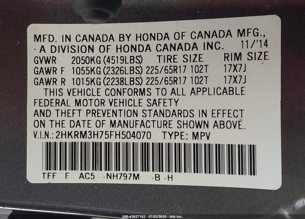 2015 HONDA CR-V VIN: 2HKRM3H75FH504070