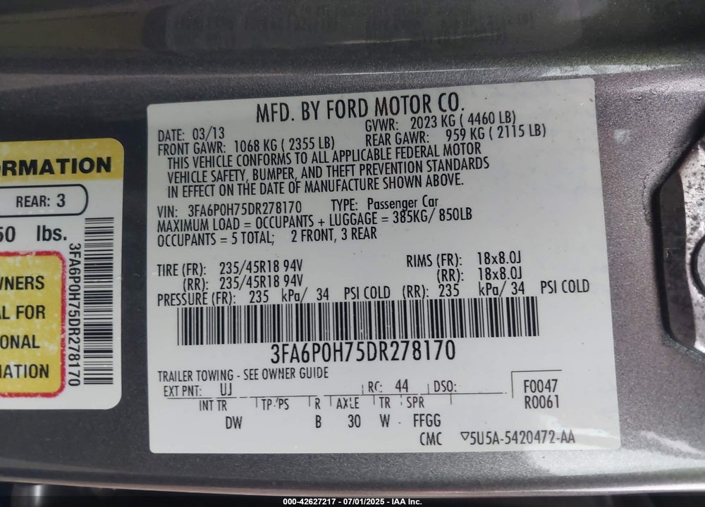 2013 FORD FUSION VIN: 3FA6P0H75DR278170