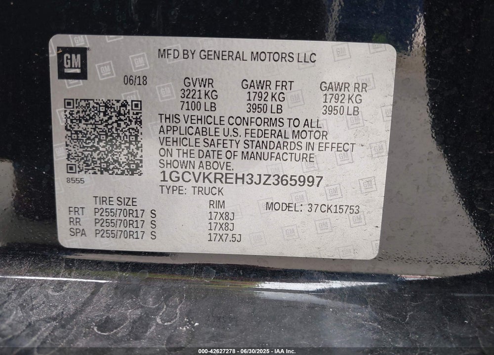 2018 CHEVROLET SILVERADO 1500 VIN: 1GCVKREH3JZ365997