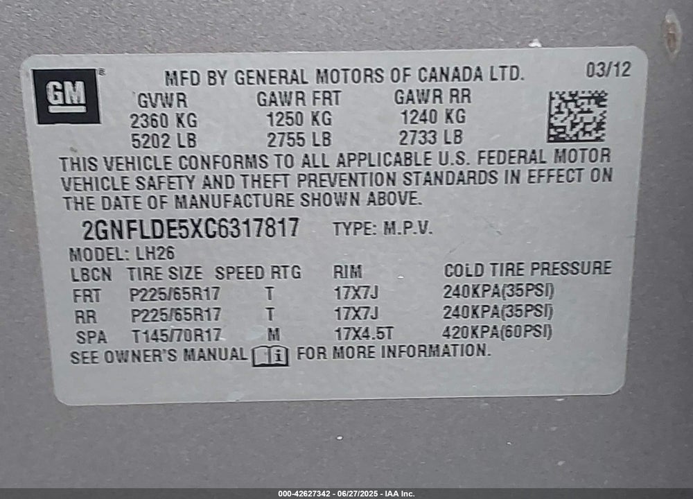 2012 CHEVROLET EQUINOX 1LT VIN: 2GNFLDE5XC6317817