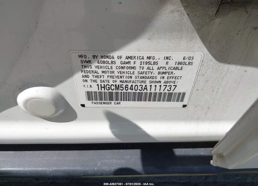 2003 HONDA ACCORD 2.4 LX VIN: 1HGCM56403A111737