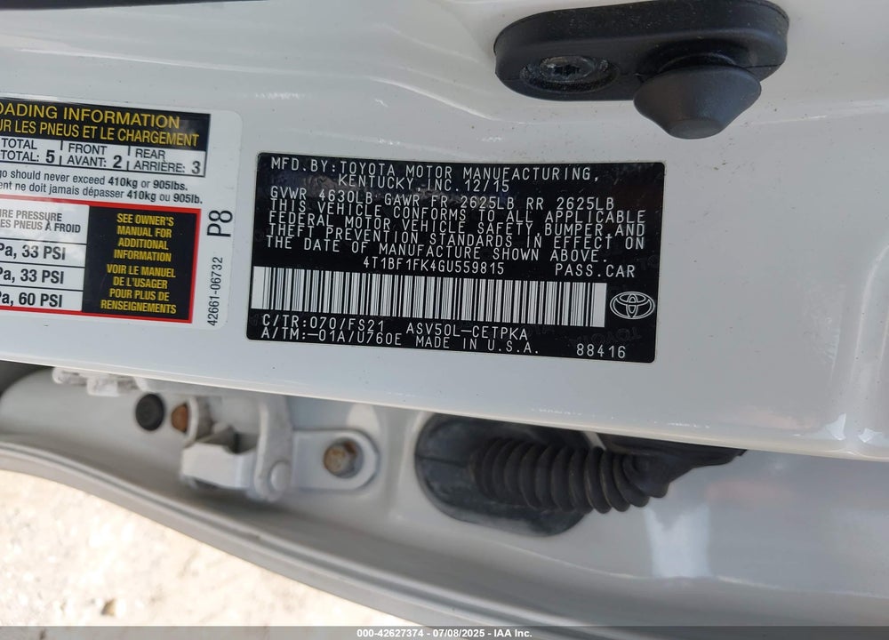 2016 TOYOTA CAMRY SE VIN: 4T1BF1FK4GU559815