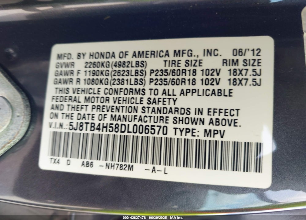 2013 ACURA RDX VIN: 5J8TB4H58DL006570