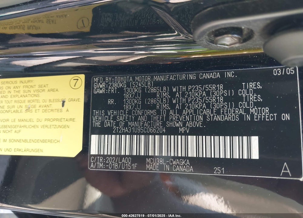 2005 LEXUS RX 330 VIN: 2T2HA31U95C066204