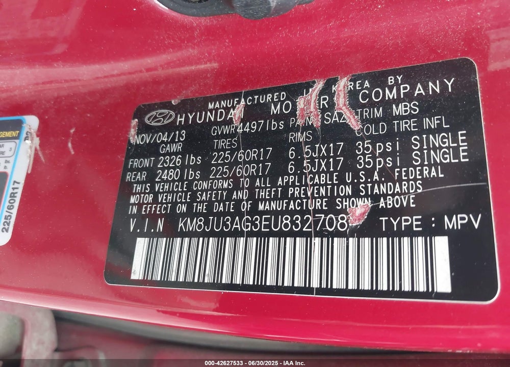 2014 HYUNDAI TUCSON VIN: KM8JU3AG3EU832708