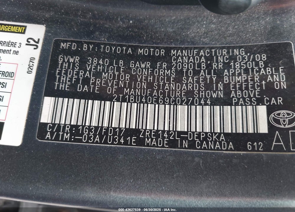 2009 TOYOTA COROLLA VIN: 2T1BU40E69C027044