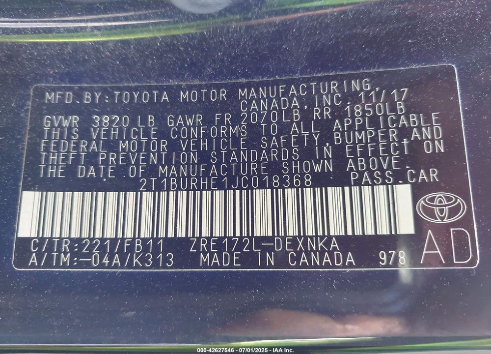2018 TOYOTA COROLLA VIN: 2T1BURHE1JC018368
