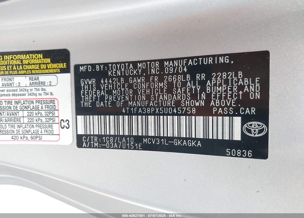 2005 TOYOTA CAMRY SOLARA VIN: 4T1FA38PX5U045758