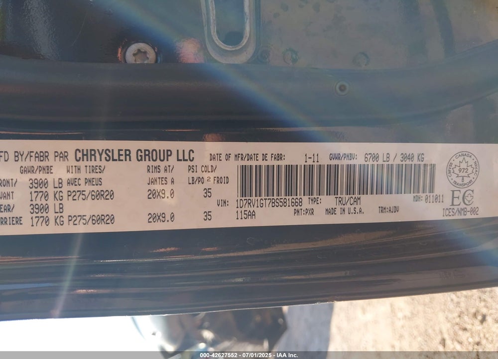 2011 RAM 1500 VIN: 1D7RV1GT7BS581668
