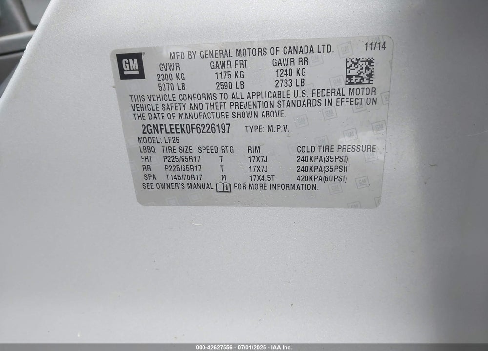 2015 CHEVROLET EQUINOX VIN: 2GNFLEEK0F6226197