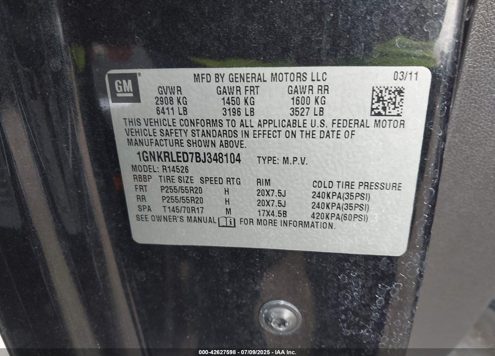 2011 CHEVROLET TRAVERSE VIN: 1GNKRLED7BJ348104